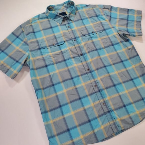 Prana Shirt Men 2XL Blue Plaid Nylon Short Sleeve Button Up Outdoor Gorpcore - Picture 5 of 14